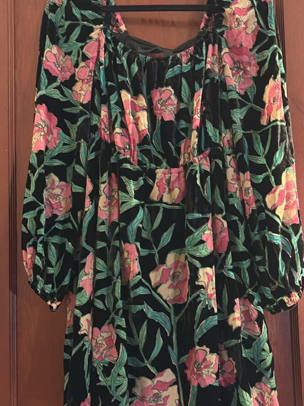 Lulus Velvet Floral Peasant Dress - Black with Pink & Green
